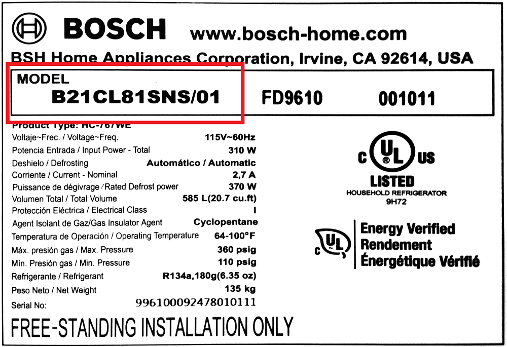 Appliance rating plate showing where to find the model number and serial number
